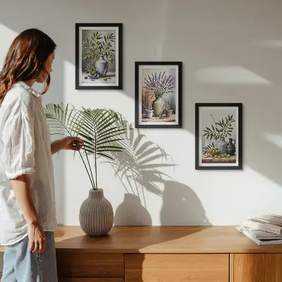 Set van ingelijste schilderijen met bloemen en olijven in vazen op een lichte achtergrond