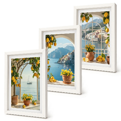 Gallery wall Citroenen en bloemen in potten in een kustplaats.