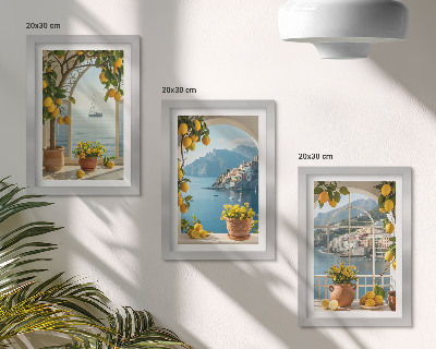 Gallery wall Citroenen en bloemen in potten in een kustplaats.