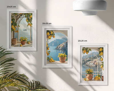 Gallery wall Citroenen en bloemen in potten in een kustplaats.
