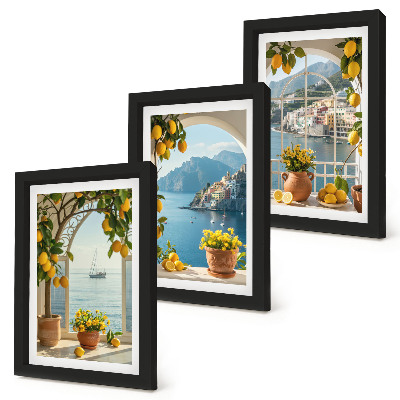 Gallery wall Citroenen en bloemen in potten in een kustplaats.