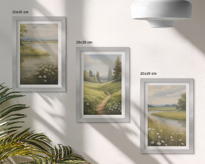Set van ingelijste schilderijen Lentelandschap met een rivierpad en een bloemenweide