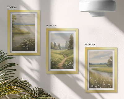 Set van ingelijste schilderijen Lentelandschap met een rivierpad en een bloemenweide
