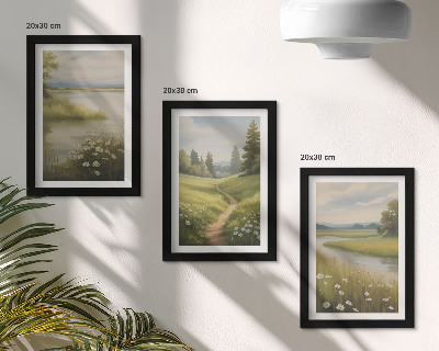 Set van ingelijste schilderijen Lentelandschap met een rivierpad en een bloemenweide