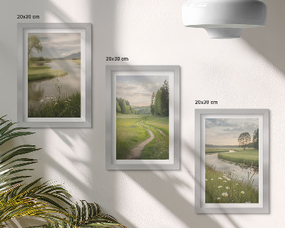 Gallery wall Rustig zomerlandschap met een rivier en een bloemenweide.
