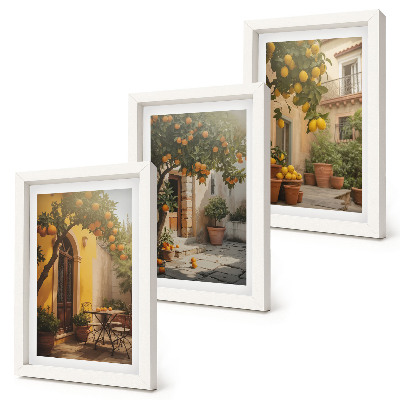 Set van ingelijste schilderijen Zonnig terras met citrusbomen en potten.