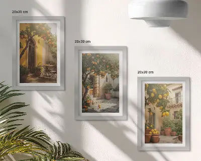 Set van ingelijste schilderijen met zonnig terras met citrusbomen en potten