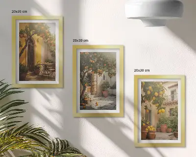 Set van ingelijste schilderijen met zonnig terras met citrusbomen en potten