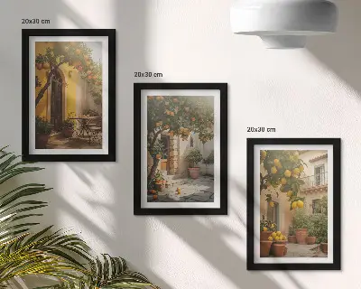 Set van ingelijste schilderijen met zonnig terras met citrusbomen en potten