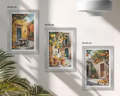 Set ingelijste schilderijen met citrusvruchten in een zonnige tuin