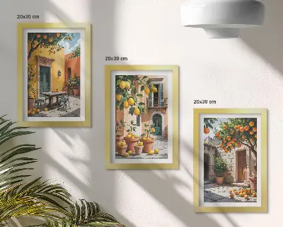 Set ingelijste schilderijen met citrusvruchten in een zonnige tuin