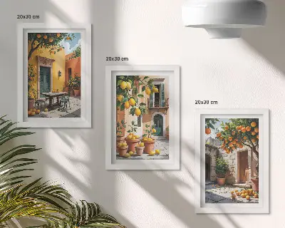 Set ingelijste schilderijen met citrusvruchten in een zonnige tuin