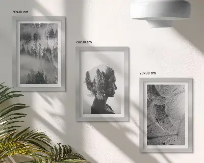 Gallery wall met bos in de mist, portret van bomen en een delicate paardenbloem