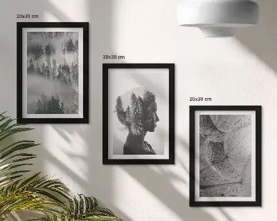 Gallery wall met bos in de mist, portret van bomen en een delicate paardenbloem