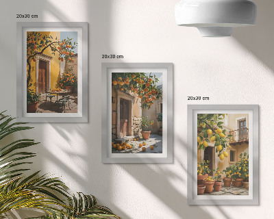 Set van ingelijste schilderijen Citrusvruchten in een zonnige binnenplaats met planten