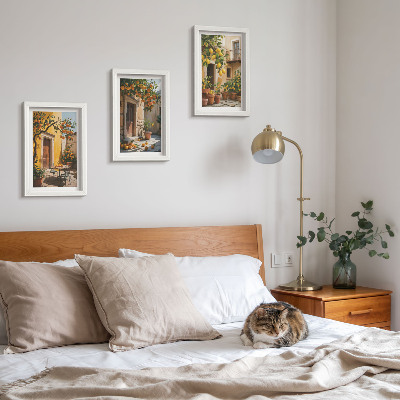 Set van ingelijste schilderijen Citrusvruchten in een zonnige binnenplaats met planten