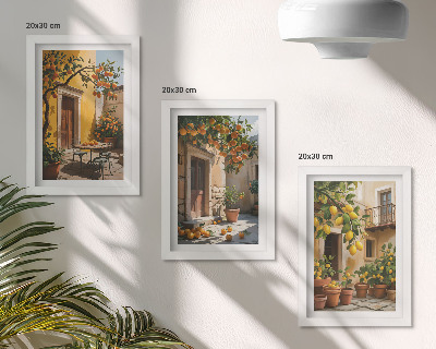 Set van ingelijste schilderijen Citrusvruchten in een zonnige binnenplaats met planten