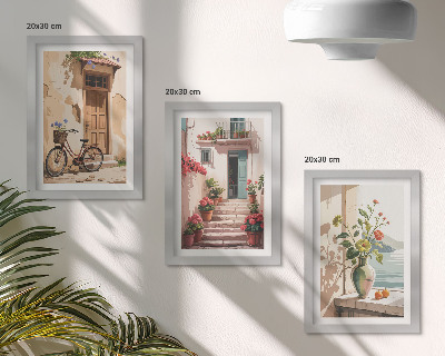 Set van ingelijste schilderijen Geschilderde straten met bloemen en een fiets