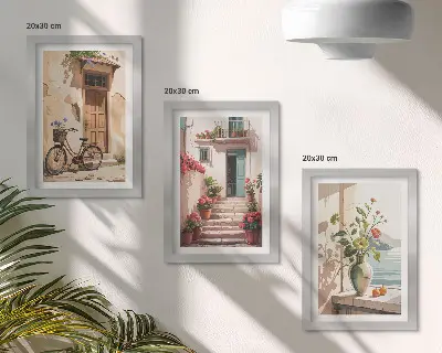 Set van ingelijste schilderijen met geschilderde straten, bloemen en een fiets