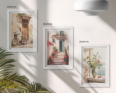 Set van ingelijste schilderijen Geschilderde straten met bloemen en een fiets