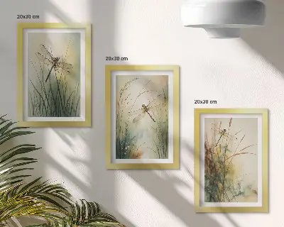 Set ingelijste schilderijen met afbeelding van geschilderd gras en libellen boven het water