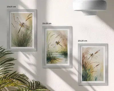 Gallery wall met libellen tussen het gras bij het water in een schilderachtige stijl