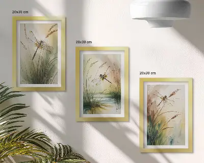 Gallery wall met libellen tussen het gras bij het water in een schilderachtige stijl