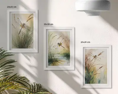Gallery wall met libellen tussen het gras bij het water in een schilderachtige stijl