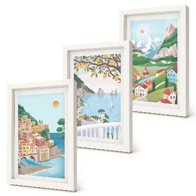 Set van ingelijste schilderijen Uitzicht op zee met pastelkleurige huizen