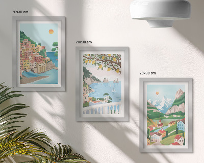 Set van ingelijste schilderijen Uitzicht op zee met pastelkleurige huizen