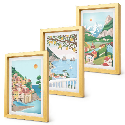 Set van ingelijste schilderijen Uitzicht op zee met pastelkleurige huizen