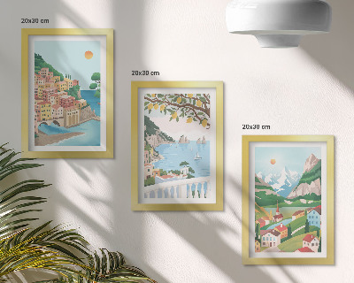 Set van ingelijste schilderijen Uitzicht op zee met pastelkleurige huizen