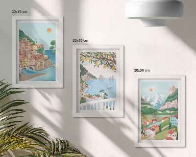 Set van ingelijste schilderijen Uitzicht op zee met pastelkleurige huizen