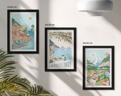 Set van ingelijste schilderijen Uitzicht op zee met pastelkleurige huizen