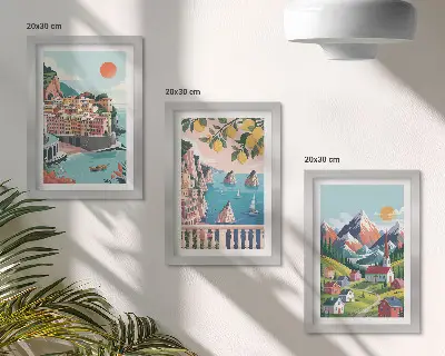 Gallery wall met kleurrijke berglandschappen en kuststeden