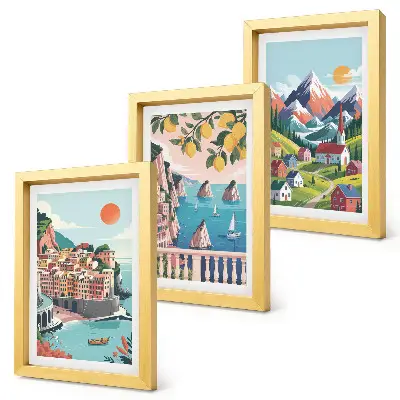 Gallery wall met kleurrijke berglandschappen en kuststeden