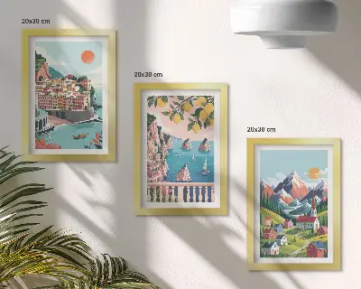 Gallery wall met kleurrijke berglandschappen en kuststeden