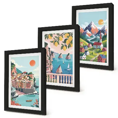 Gallery wall met kleurrijke berglandschappen en kuststeden
