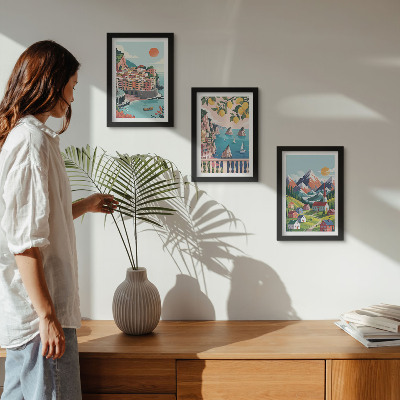 Gallery wall Kleurrijke berglandschappen en kuststeden