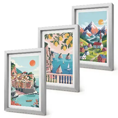 Gallery wall met kleurrijke berglandschappen en kuststeden