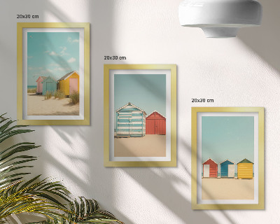 Set van ingelijste schilderijen Kleurrijke strandhuisjes op een zonnige dag.
