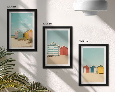 Set van ingelijste schilderijen Kleurrijke strandhuisjes op een zonnige dag.