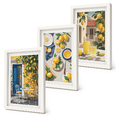 Set van ingelijste schilderijen Citroentuin met citroenen en drankjes op tafel.