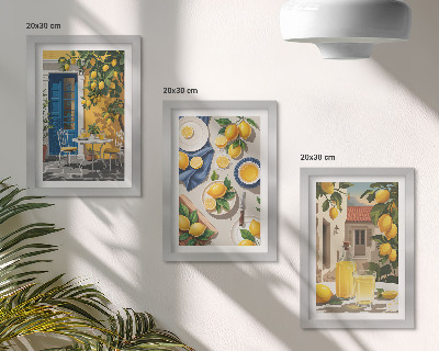 Set van ingelijste schilderijen Citroentuin met citroenen en drankjes op tafel.