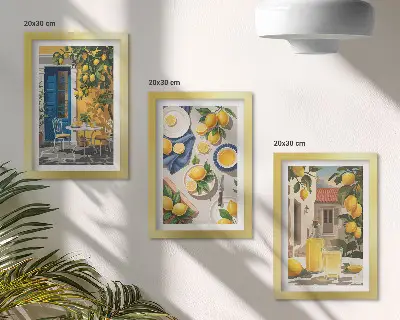 Set ingelijste schilderijen met een citroentuin met citroenen en drankjes op tafel