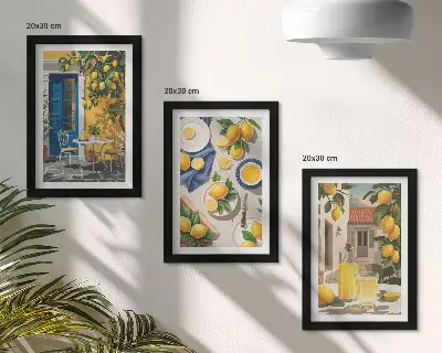 Set ingelijste schilderijen met een citroentuin met citroenen en drankjes op tafel