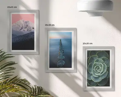Set ingelijste schilderijen bergen met roze hemel, water en groene vetplanten