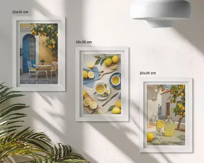 Set ingelijste schilderijen met citroenen, limonade, blauwe deuren en zomerse uitzichten