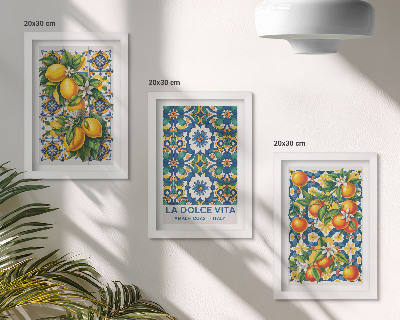 Gallery wall Posters met citrusvruchten en kleurrijke abstracte patronen