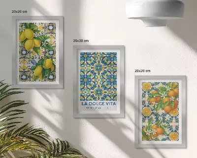 Set van ingelijste schilderijen met citroenbloesem en sinaasappels in Italiaanse stijl